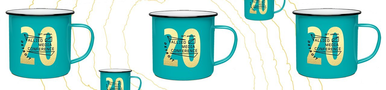 three large teal camp mugs with the AMC 2018 logo in black on top of a gold '20'